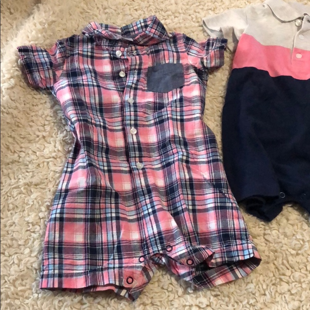 Overalls & 3 polo rompers pink blue denim - Picture 4 of 8